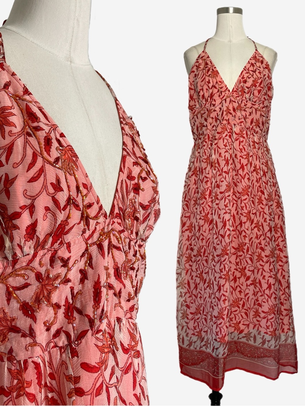 Vintage Y2K Heart Moon Star orange white floral silk beaded halter midi dress M